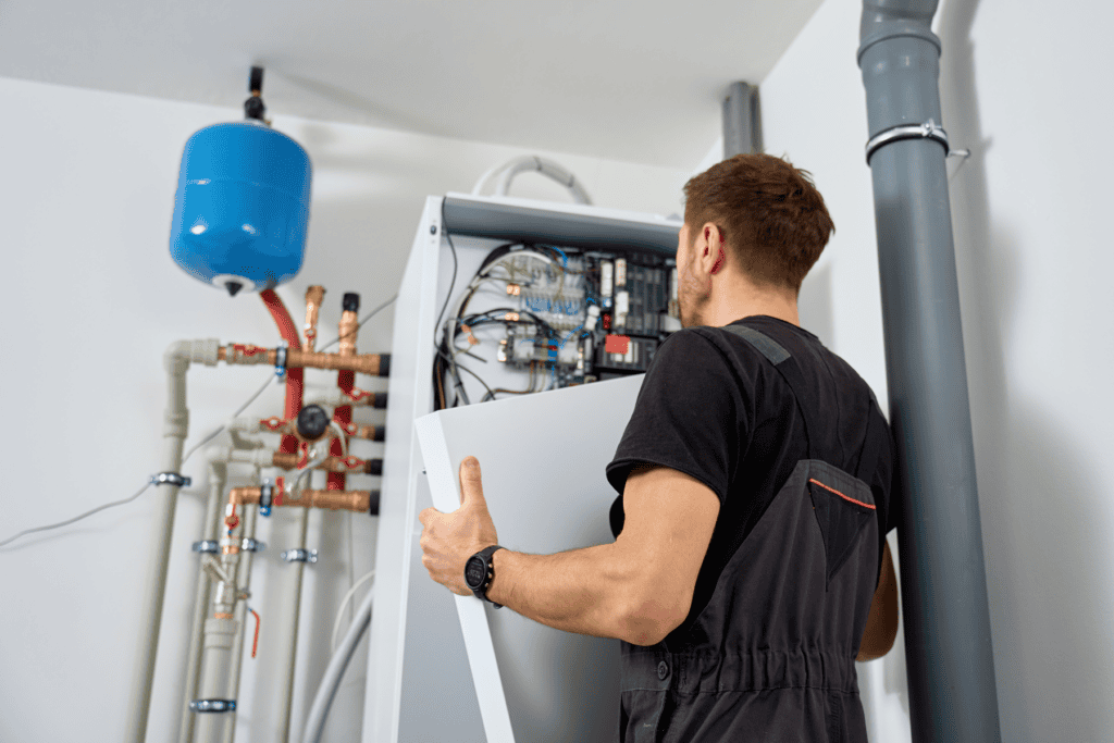 A technician wearing overalls inspects the open panel of a heating system in a utility room with pipes, valves, and a blue expansion tank.
