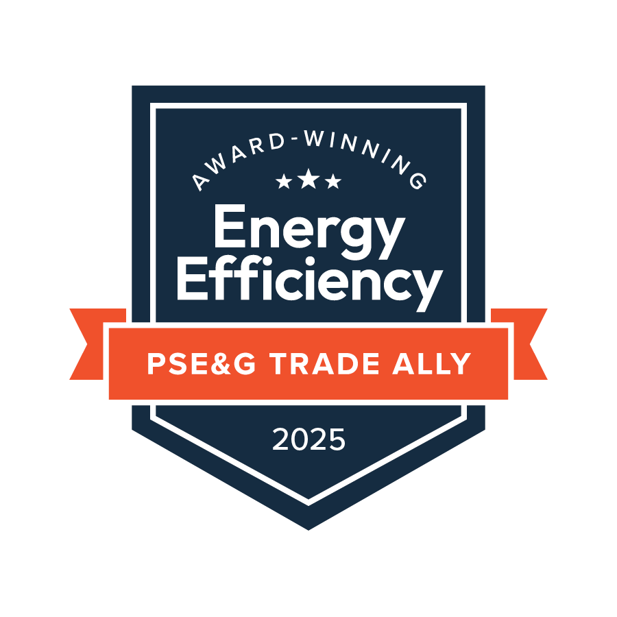Award-winning Energy Efficiency badge with "PSE&G Trade Ally 2025" on an orange banner across a navy shield, highlighting excellence in the PSE&G Whole Home Solutions Program.
