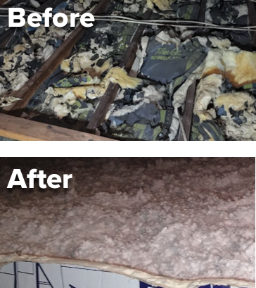Attic "before" image shows damaged insulation between rafters; "after" image shows new, evenly installed loose fill insulation covering the attic floor.