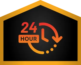 A graphic of a clock and arrow with "24 HOUR" text, symbolizing 24-hour or round-the-clock service, inside a gold-outlined, house-shaped frame.