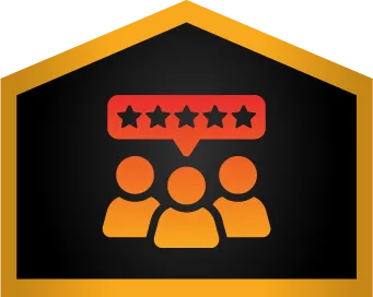 Three orange human icons under a red speech bubble displaying five stars, all inside a house-shaped gold border on a black background.