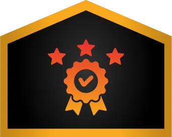 A gold-edged black shield features an orange check-mark badge with two hanging ribbons, topped by three red stars.