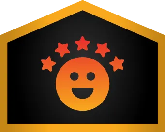 A smiling face icon with five stars above it, all in an orange gradient, set against a black background with a gold hexagonal border.