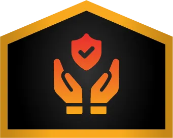 Two orange hands with palms up hold a red shield with a black checkmark, set against a black background with a yellow-gold border shaped like a house roof.