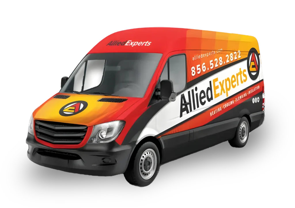 A branded Allied Experts service van with red, orange, and yellow gradients, company logo, contact number, and service listings on the side.
