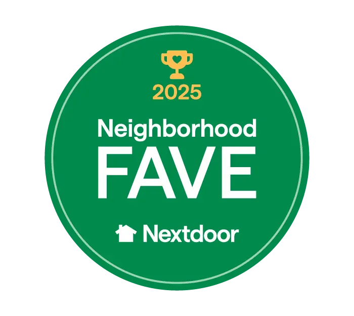 A green circular badge with a yellow trophy icon, "2025," and the text "Neighborhood FAVE Nextdoor" in white letters.
