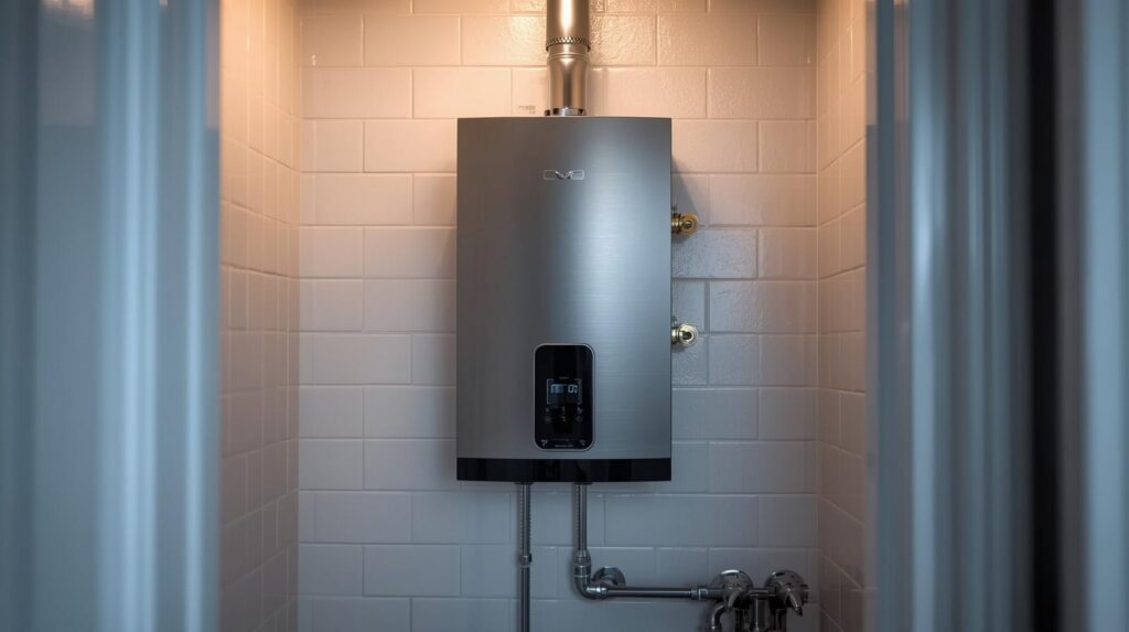 A tankless water heater mounted on a tiled wall in a small utility space with exposed pipes below.