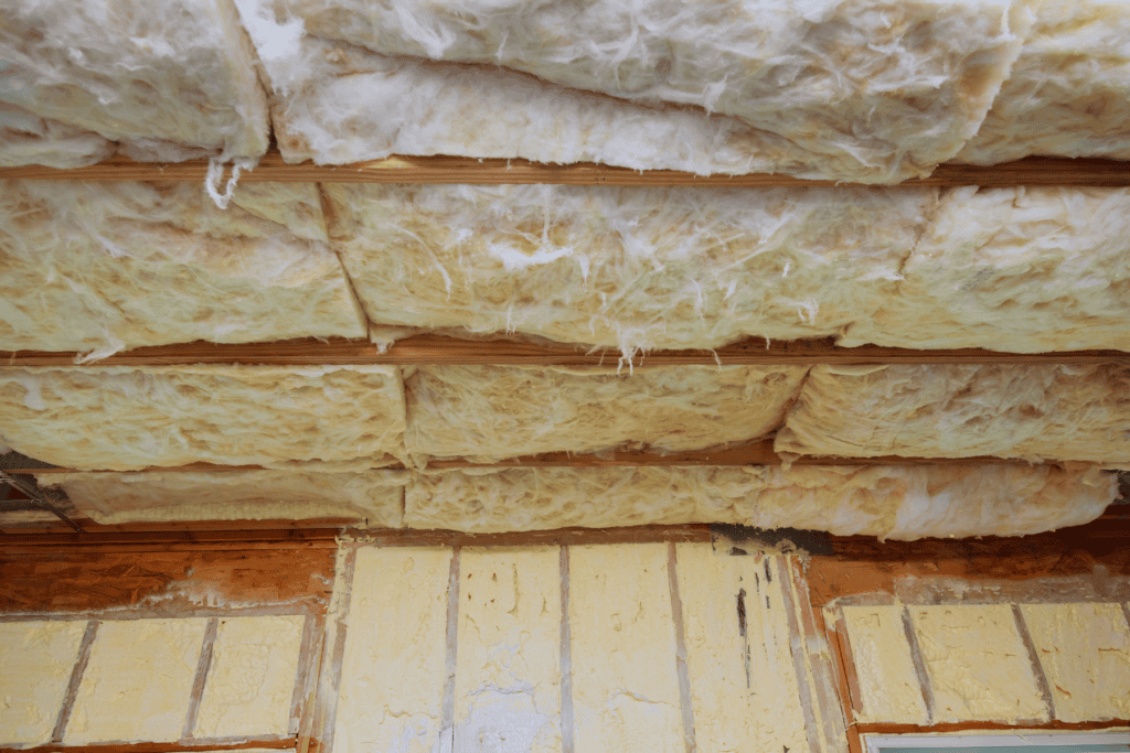 Insulation installed on the ceiling and upper walls of a building, showing exposed fiberglass batts and spray foam in an unfinished interior.