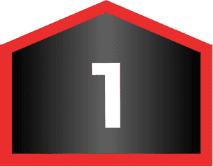A black pentagonal financing plan badge with a red border containing the white number 1.